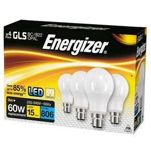 Energizer 9W LED 60W - GLS Replacement Bulb BC/B22 Opal x 4 pack